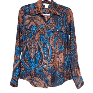LUCKY BRAND Silk Boho Western Ikat Print Brown and Turquoise Button Down S #0071